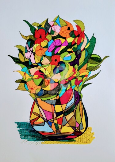 Tekening getiteld "VASO CON FIORI  ( 2…" door Giovanni Battista Cau, Origineel Kunstwerk, Gelpen