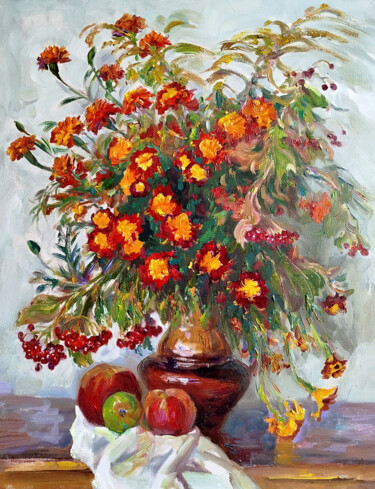 Still Life with Marigolds Schilderij getiteld "Still Life with Mar…" door Leonid Pavlenko, Origineel Kunstwerk, Olie Gemonteerd op Frame voor houten b…