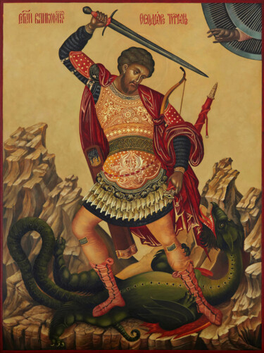 icon of the holy great martyr Theodore Tyrone Schilderij getiteld "icon of the holy gr…" door Pavel Korzukhin, Origineel Kunstwerk, Olie Gemonteerd op Frame voor houten b…
