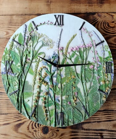 Wall Sculpture Clock "Blooming Meadow" / Natural Bas-Relief 제목이 "Wall Sculpture Cloc…"인 미술작품 Alena Panchenia (Елена Панченя)로, 원작, 수채화