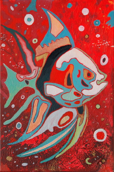 Painting titled "poisson lune" by Claire Biette, Original Artwork, Acrylic Mounted on Wood Stretcher frame