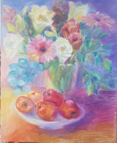 Painting titled "The Apple Still Life" by Natalia Sharoni, Original Artwork, Pastel Mounted on Wood Stretcher frame