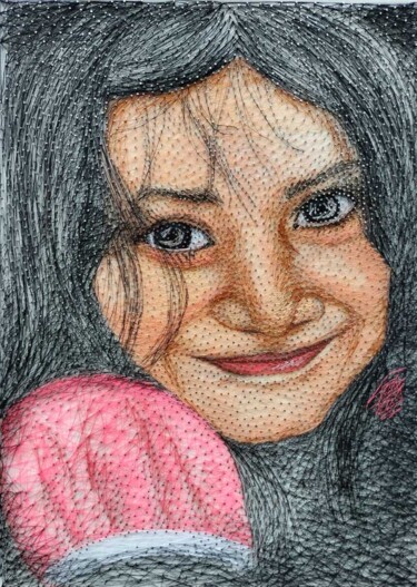 Arte tessile intitolato "Glimmer of smile" da Mr.Thermocraft, Opera d'arte originale, String Art