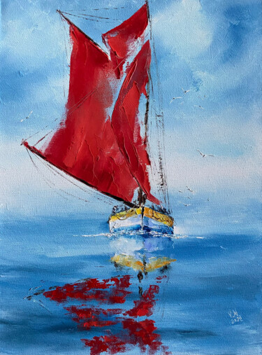 「Scarlet sail 2」というタイトルの絵画 Volodymyr Nezdiimynohaによって, オリジナルのアートワーク, オイル ウッドストレッチャーフレームにマウント