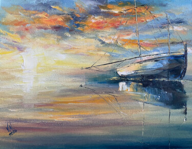 Boat at sunset Картина под названием "Boat at sunset" - Volodymyr Nezdiimynoha, Подлинное произведение искусства, Масло Установлен на Дерев…