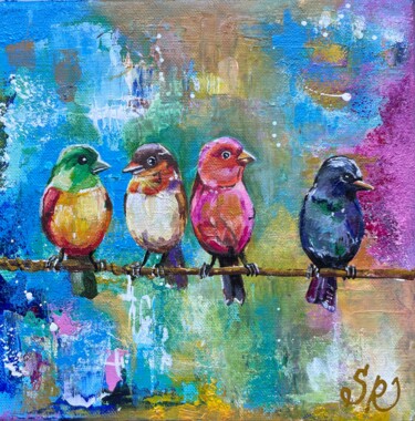 Schilderij getiteld "Birds. Spring’s mel…" door Samiya Rani, Origineel Kunstwerk, Acryl Gemonteerd op Frame voor houten bran…
