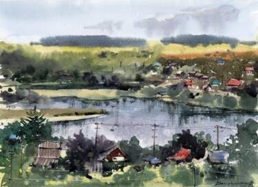 View from hill Pintura titulada "View from hill" por Bogdan Shiptenko, Obra de arte original, Acuarela