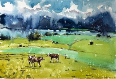 Carpathian meadow Pintura titulada "Carpathian meadow" por Bogdan Shiptenko, Obra de arte original, Acuarela Montado en Cartulina