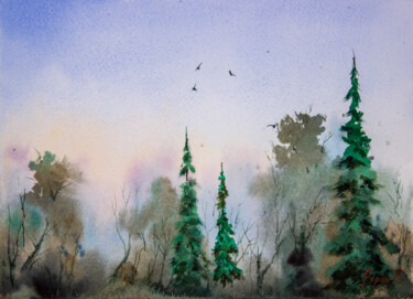 Pittura intitolato "Morning forest" da Eugene Popov, Opera d'arte originale, Acquarello