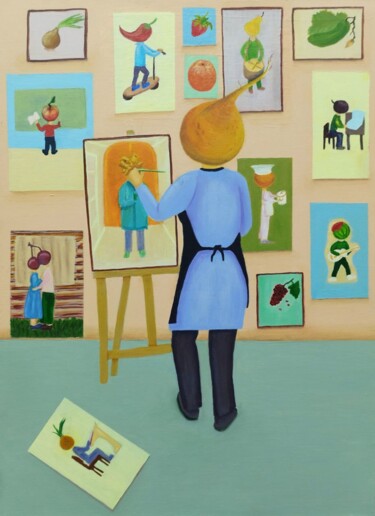 Painting titled "Artist or Turnip He…" by Nina Timoshenko, Original Artwork, Acrylic Mounted on Wood Stretcher frame