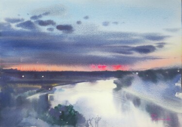 The sunrise on the river. Pintura titulada "The sunrise on the…" por Alla Prisakar, Obra de arte original, Acuarela