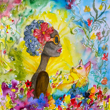 Schilderij getiteld "African Woman with…" door Janet Signorini, Origineel Kunstwerk, Aquarel