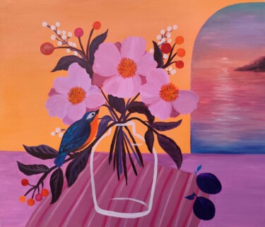 Картина под названием "Vase of peonies at…" - Hanna Samoilenko, Подлинное произведение искусства, Акрил Установлен на Деревя…