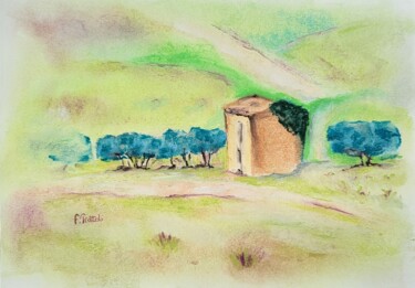 Tekening getiteld "Le cabanon au bord…" door Florence Trottoli, Origineel Kunstwerk, Pastel