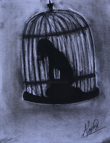 Tekening getiteld "Caged heart" door Alicia Lopez, Origineel Kunstwerk, Houtskool