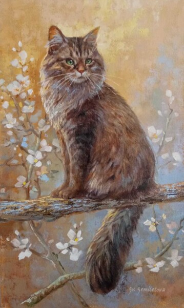 Cat Sitting on a Blooming Tree "Cat Sitting on a Bl…" başlıklı Tablo Svetlana Semiletova tarafından, Orijinal sanat, Petrol Ahşap Sedye çerçevesi üzerine m…
