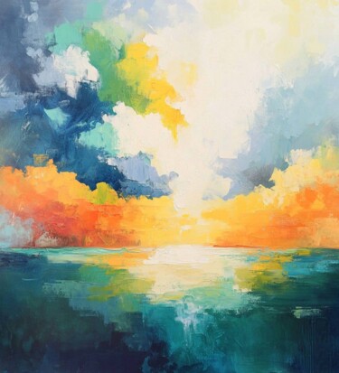 Peach sky and deep aquamarine Arts numériques intitulée "Peach sky and deep…" par Lucy Moon, Œuvre d'art originale, Acrylique