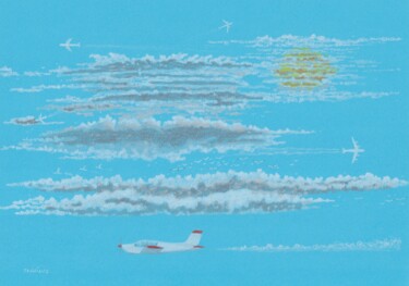 Disegno intitolato "Avions et nuages so…" da Catherine Janniaud, Opera d'arte originale, Matita Montato su Cartone