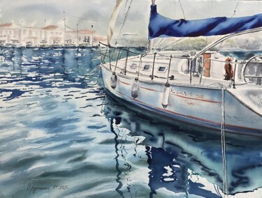 The white yacht, watercolor painting