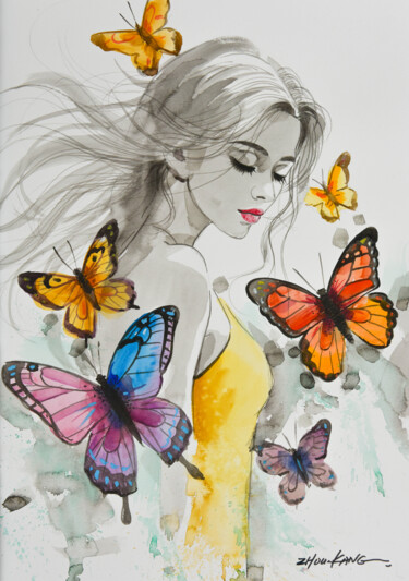绘画 标题为“butterfly Girl” 由Kang Zhou, 原创艺术品, 水彩
