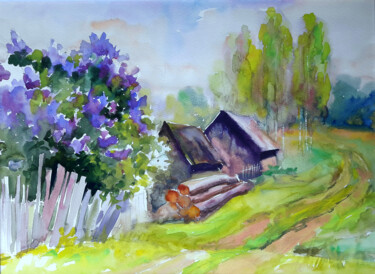 Lilac near the village Schilderij getiteld "Lilac near the vill…" door Boris Serdyuk, Origineel Kunstwerk, Aquarel Gemonteerd op Karton