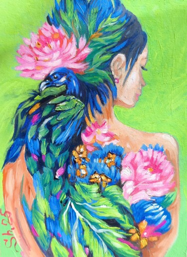 Woman Portrait Flowers Girl Original Peacock Oil Painting 绘画 标题为“Woman Portrait Flow…” 由Svetlana Sindere, 原创艺术品, 油 安装在纸板上