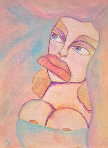 Modern woman – Blue eyes, full lips, bold curves Pintura intitulada "Modern woman – Blue…" por Elaina Arty, Obras de arte originais, Acrílico Montado em Cartão
