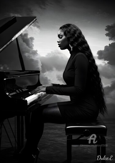 Arte digitale intitolato "PIANO REVERIE" da Dulce, Opera d'arte originale, Immagine generata dall'IA Montato su Vetro
