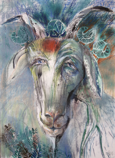 Old goat portrait - original mix-media art on paper 「Old goat portrait -…」というタイトルの絵画 Maria Shedrinaによって, オリジナルのアートワーク, オイル