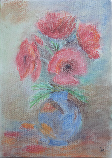 Pastel on paper: Poppies in a Blue Vase Schilderij getiteld "Pastel on paper: Po…" door Olya Moose, Origineel Kunstwerk, Pastel