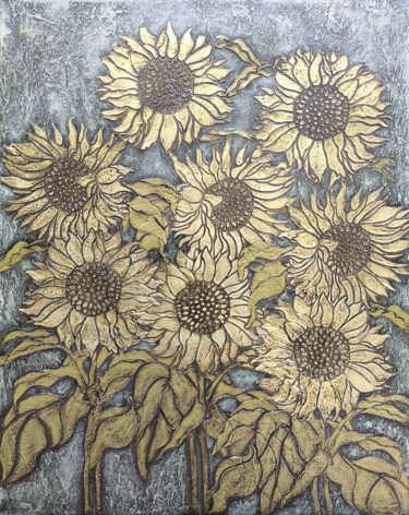 Majestic Sunflowers Pittura intitolato "Majestic Sunflowers" da Hasmik Mamikonyan, Opera d'arte originale, Acrilico Montato su Telaio per barell…