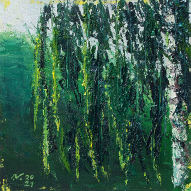 Emerald Veil, Green weeping birch Painting titled "Emerald Veil, Green…" by Natalia Ima, Original Artwork, Oil