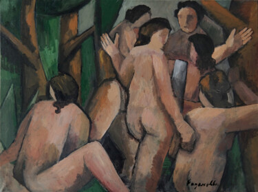 Schilderij getiteld "Baigneuses proto-cu…" door Henri Fagerolles, Origineel Kunstwerk, pigmenten Gemonteerd op Frame voor ho…