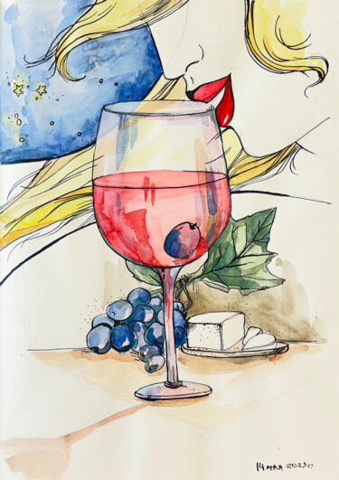 Wine , cheese , grapes Ζωγραφική με τίτλο "Wine , cheese , gra…" από Daridizain.Art, Αυθεντικά έργα τέχνης, Ακουαρέλα