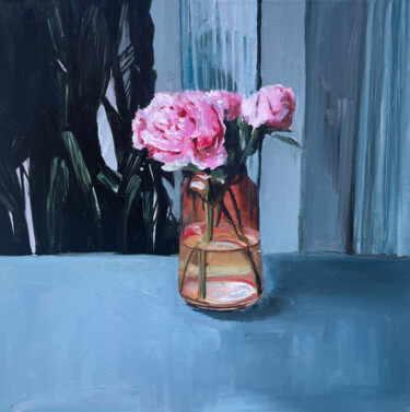 peonies in blue interior Pintura intitulada "peonies in blue int…" por Elina Evstig, Obras de arte originais, Óleo Montado em Armação em madeira