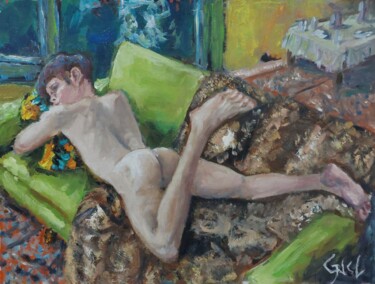 Schilderij getiteld "Lying on sofa" door Giorgos Nicolaou (Gncl), Origineel Kunstwerk, Olie