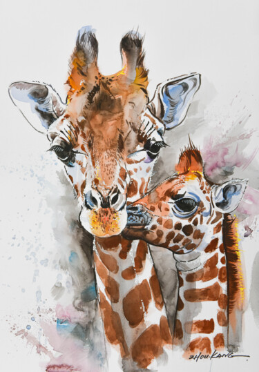 Ζωγραφική με τίτλο "Giraffe2" από Kang Zhou, Αυθεντικά έργα τέχνης, Ακουαρέλα