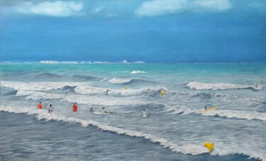제목이 "SURFISTAS CON BORRA…"인 미술작품 Joaquin Pardo Méndez로, 원작, 기름 나무 들것 프레임에 장착됨
