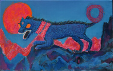 Blue Mystic Animal under Red Sun - Folk Mountain Landscape Ζωγραφική με τίτλο "Blue Mystic Animal…" από Rimma Mantika, Αυθεντικά έργα τέχνης, Ακρυλικό Τοποθετήθηκε στο Ξύλινο φορείο σ…