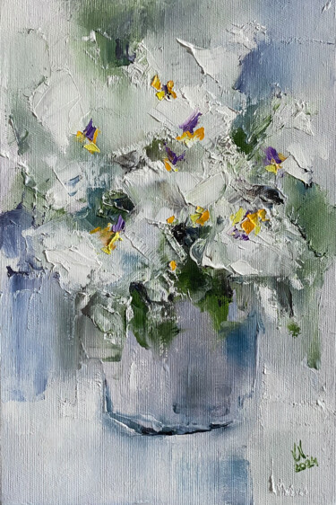 Bouquet of white flowers in a vase Pittura intitolato "Bouquet of white fl…" da Volodymyr Nezdiimynoha, Opera d'arte originale, Olio Montato su Telaio per bare…