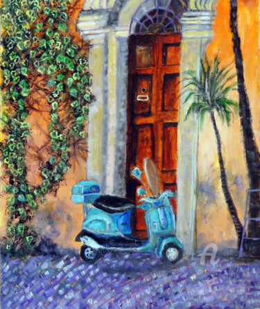 Door With Vespa And Ivy Vine Oil Painting Pittura intitolato "Door With Vespa And…" da Indrani Ghosh, Opera d'arte originale, Olio