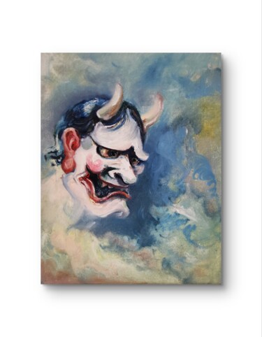 Hannya Guardian – Japanese Wisdom & Protection Mask Pintura intitulada "Hannya Guardian – J…" por Aloosan, Obras de arte originais, Óleo Montado em Armação em madeira