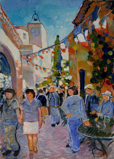 Картина под названием "La fête au village" - Patrick Marie, Подлинное произведение искусства, Масло