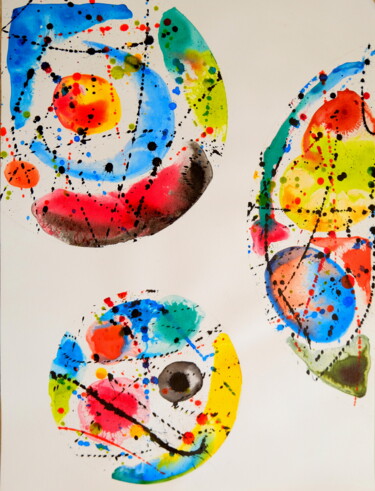 Peinture intitulée "LUNE ET LES AUTRES" par Demos, Œuvre d'art originale, Encre