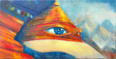 Buddha Eye Himalayan Landscape - Orange and Blue Spiritual 绘画 标题为“Buddha Eye Himalaya…” 由Rimma Mantika, 原创艺术品, 油