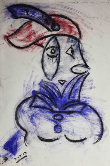 Drawing titled "Woman with a Red Hat" by Charles Talkoff, Original Artwork, Pastel
