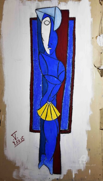 Tekening getiteld "Woman with a Fan" door Charles Talkoff, Origineel Kunstwerk, Olie Gemonteerd op Andere stijve panelen