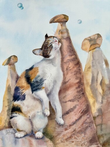 Painting titled "Cappadocia cat" by Yuliya Ozdemir, Original Artwork, Watercolor