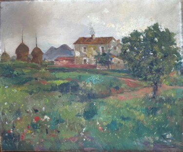 Schilderij getiteld "Masía catalana con…" door Joaquin Asensio Marine, Origineel Kunstwerk, Olie Gemonteerd op Frame voor ho…