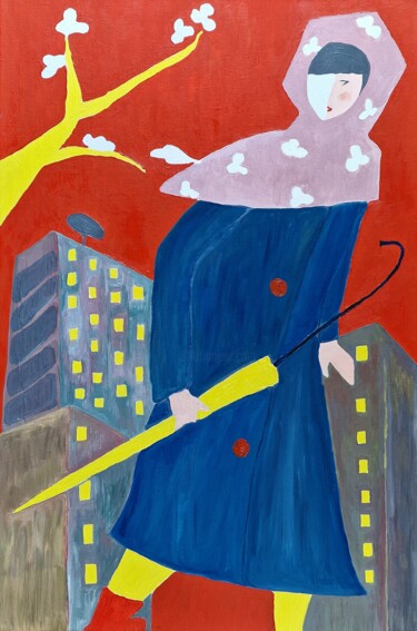 a girl in a blue coat on a red background Ζωγραφική με τίτλο "a girl in a blue co…" από Natalya Belalova, Αυθεντικά έργα τέχνης, Λάδι